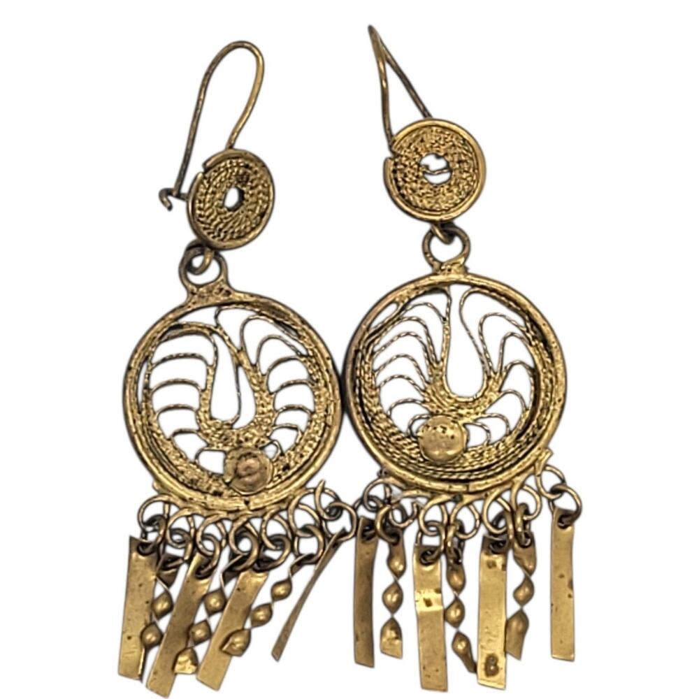 Vintage Oaxacan Gold Tone Filigree Bird Chandelier Fringe Earrings Bohemian